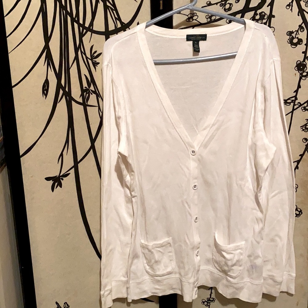 LRL Lauren Jeans Co. White Cotton Jersey  Cardigan W/Fabric Buttons Closure